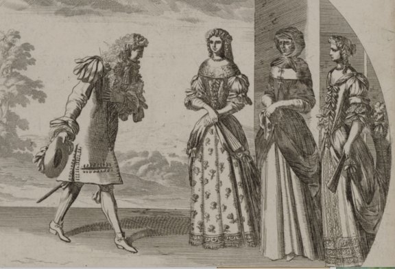 Jean LePautre, Salutation d'un jeune homme à trois femmes, années 1670. Paris, BnF. Image libre de droits