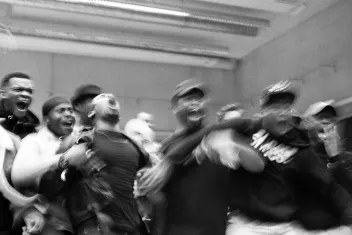 Black-and-white photo of a Krump battle