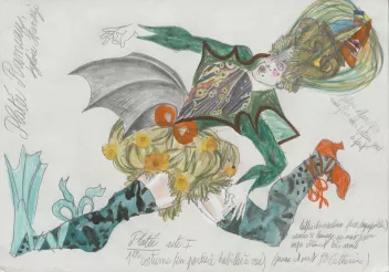 Dessin d'une maquette de costumes de Sylvie Skinazi pour le ballet Platée, recréé en 1989 par Jean-Claude Malgoire et François Raffinot.