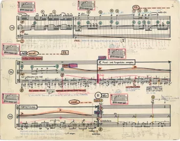 Partition de travail annotée de la danseuse Michèle Noiret pour la pièce de Karlheinz Stockhausen