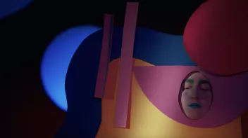 A dancer is wearing a multi-coloured paper costume