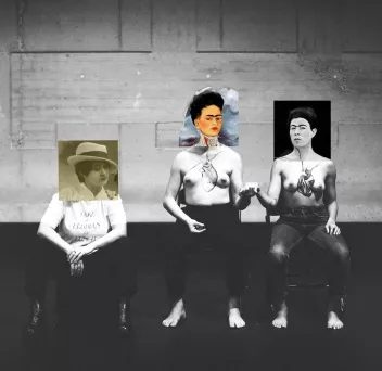 3 artistes dont le visage est recouvert par des photos et peintures de Frida Kahlo et Claude Cahun