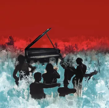 Peinture avec des personnages dans de grandes herbes, un ciel rouge et un piano à queue
