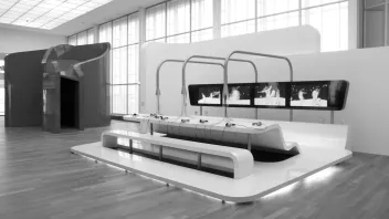 Photo noir et blanc d'un module de diffusion de films sur 4 écrans avec des casques audios