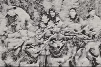 A black-and-white drawing showing a pack of dogs in the foreground and men and women in the background