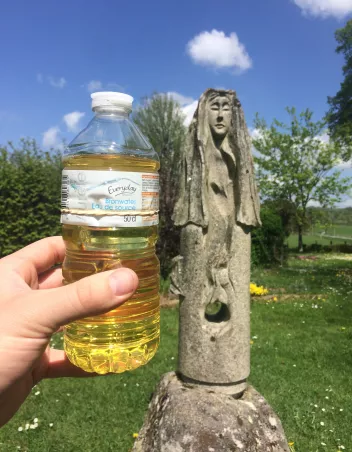 photo of a plastic bottle containing yellow liquid in front of a stone statue