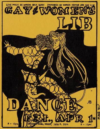 Illustrated poster on a yellow background for the “Gay and Women's Lib” event