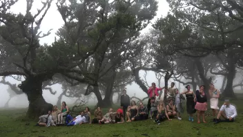 A group of people at the edge of a forest