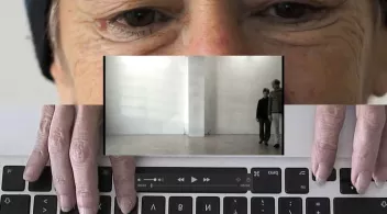 A collage of three photos featuring hands on a keyboard, a gaze and an exhibition venue