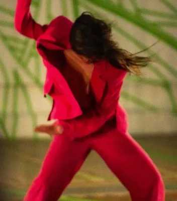 Photo from the show “Notre Forêt” featuring a dancer in a red costume