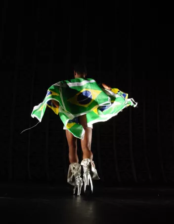 Photo d'un danseur de dos avec le drapeau brésilien et des talons argentés