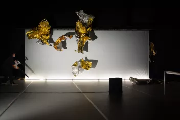 Photo from the show RUSH, featuring a white backdrop and gold and silver leaves floating through the air