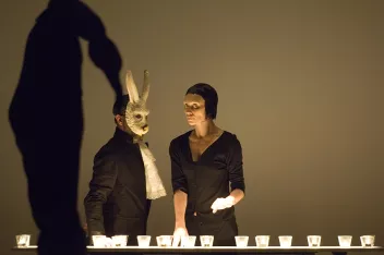photo from the show ‘b.c, January 1545, Fontainebleau’ featuring the dancer Julie Guibert and a male dancer wearing a rabbit-head mask