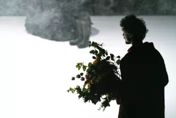 Photo of a performance showing a dancer seen from behind holding some foliage